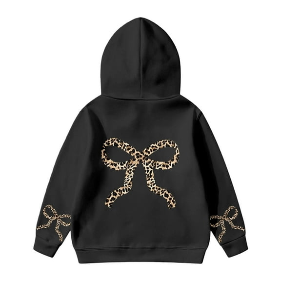 Byoo Toddler Girls Hoodie Leopard Bow Graphic Long Sleeve Hooded Loose Sweatshirt Active Comfort Pullover Top