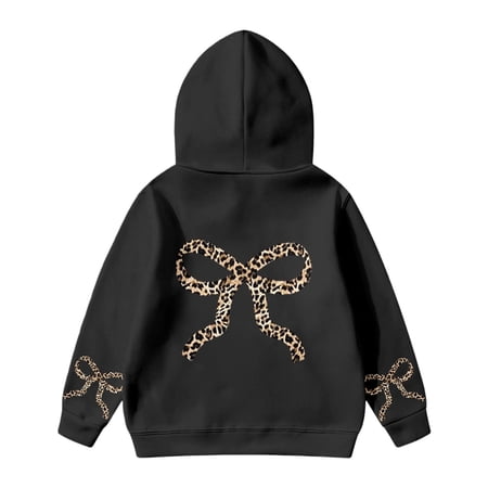 Byoo Little Girls Hoodie Leopard Bow Graphic Long Sleeve Hooded Loose Sweatshirt Active Comfort Pullover Top