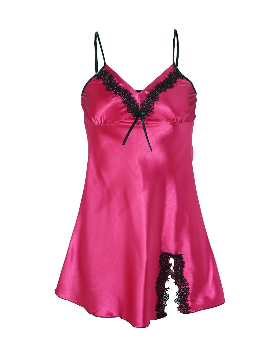 Women Satin Lace Trim Sleepwear Nightgown Pajama Slip Dress Fuchsia ...