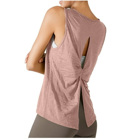 Mrat Womens Summer Tank Tops Women s Solid Round Neck Casual Sports Tank Sleeveless Backless Tops Yoga Women s Clothing Camisole Tops Women Built In Bra S-323 Pink-A M