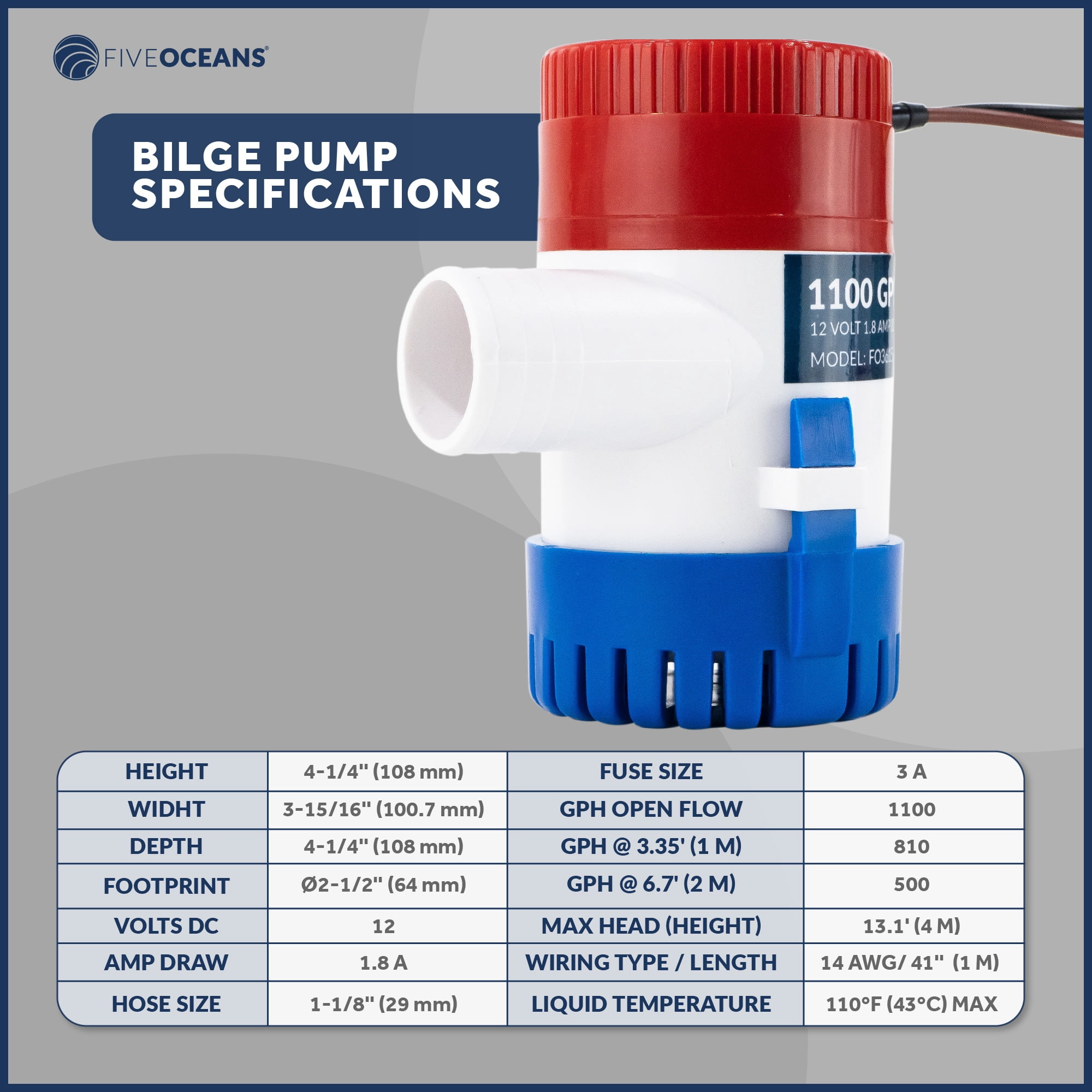 Five Oceans 1100 GPH / 4164 LPH Bilge Pump, 12-Volts, 1-1/8-Inch (29mm) Interior Diameter Hose, 41-Inch 14-Gauge Wire - FO3615