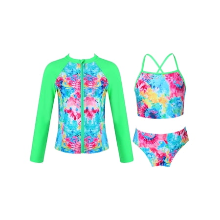 DPOIS Kids Girls 3Pcs Rashguard Swimsuit UPF 50+ Long Sleeves Front Zipper Coat Tankini Set Colorful 8