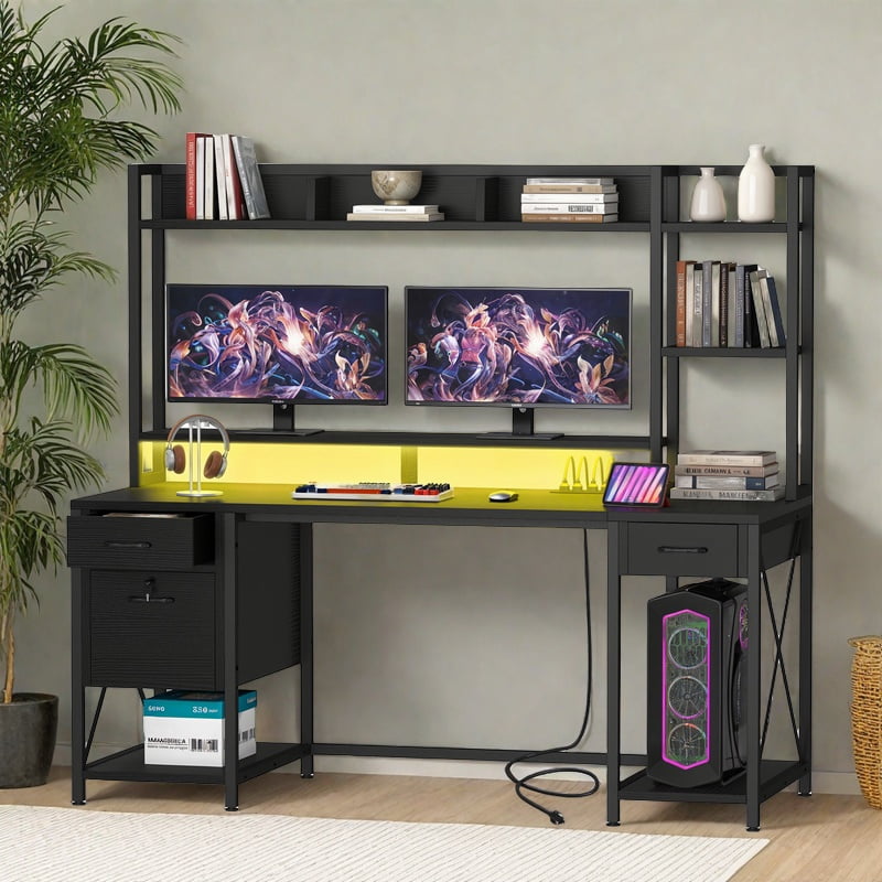 Uforic Computer Desk with Hutch& Led Light, Gaming Desk with Power Outlets, Home Office Desk, Black