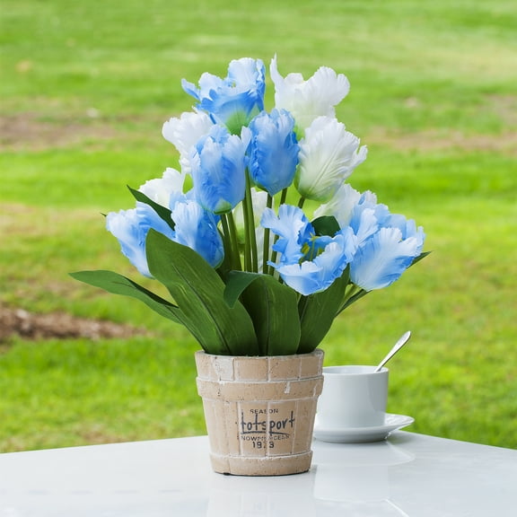Enova Home Mixed Artificial Flowers Silk Blue Cream Tulips Fake Flowers Arrangement in Pot for Home Office Garden Decoration