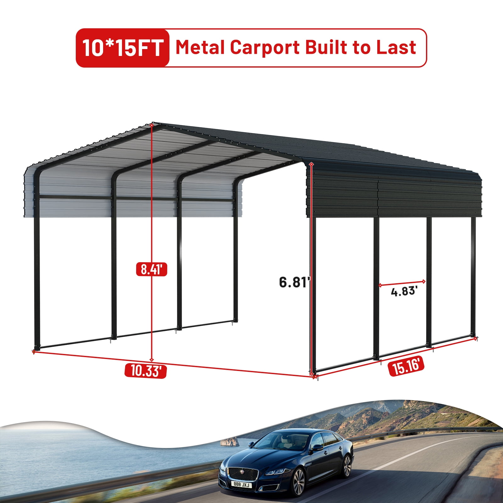 SnugNiture 10x15FT Heavy Duty Metal Carport, Galvanized Steel Frame & Roof, Reinforced Base Outdoor Shelter for Cars, Boats