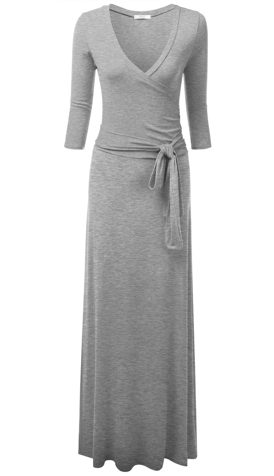Doublju Women's 3/4 Sleeve Wrap Front Maxi Dress with Tie Waist