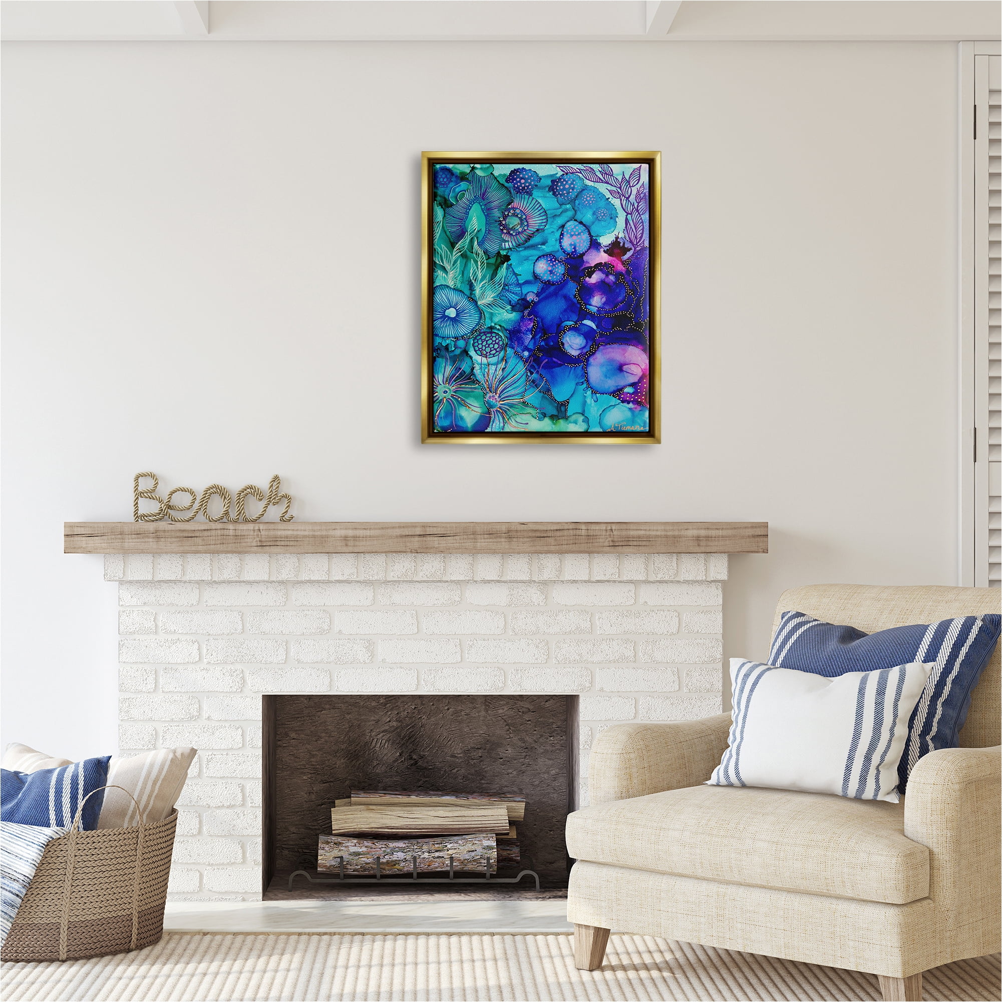 Stupell Industries Blue Modern Sea Life Abstract Painting Gold Floater Framed Canvas Art Print Wall Art, 25 x 31