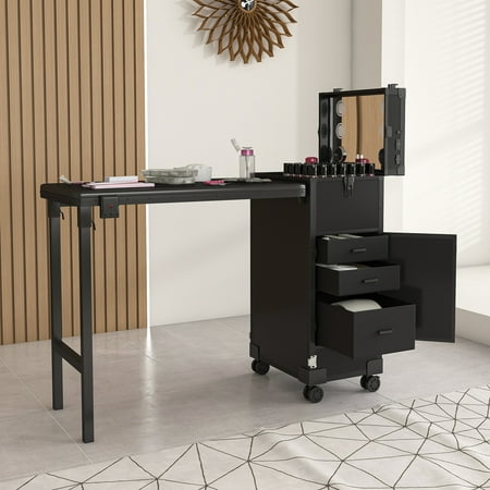 LLGWGL Portable Folding Plastic Nail Art Table Manicure Station with LED Mirror Bluetooth Speaker Lockable Drawers for Salons Hobbyists Mobile Techs Black 15.35 L x 12.6 W x 27.56 H