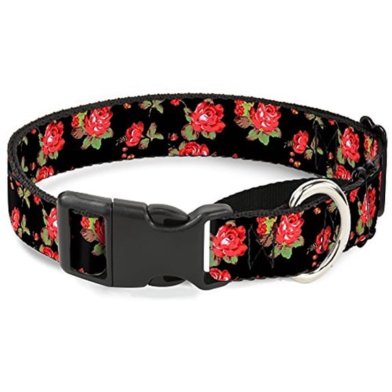 Buckle-Down Martingale Dog Collar - Red Roses Scattered Black - 1" Wide - Fits 15-26" Neck Size - Large