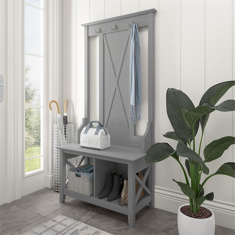 Pemberly Row Hall Tree w/ Shoe Storage Bench in Cape Cod Gray