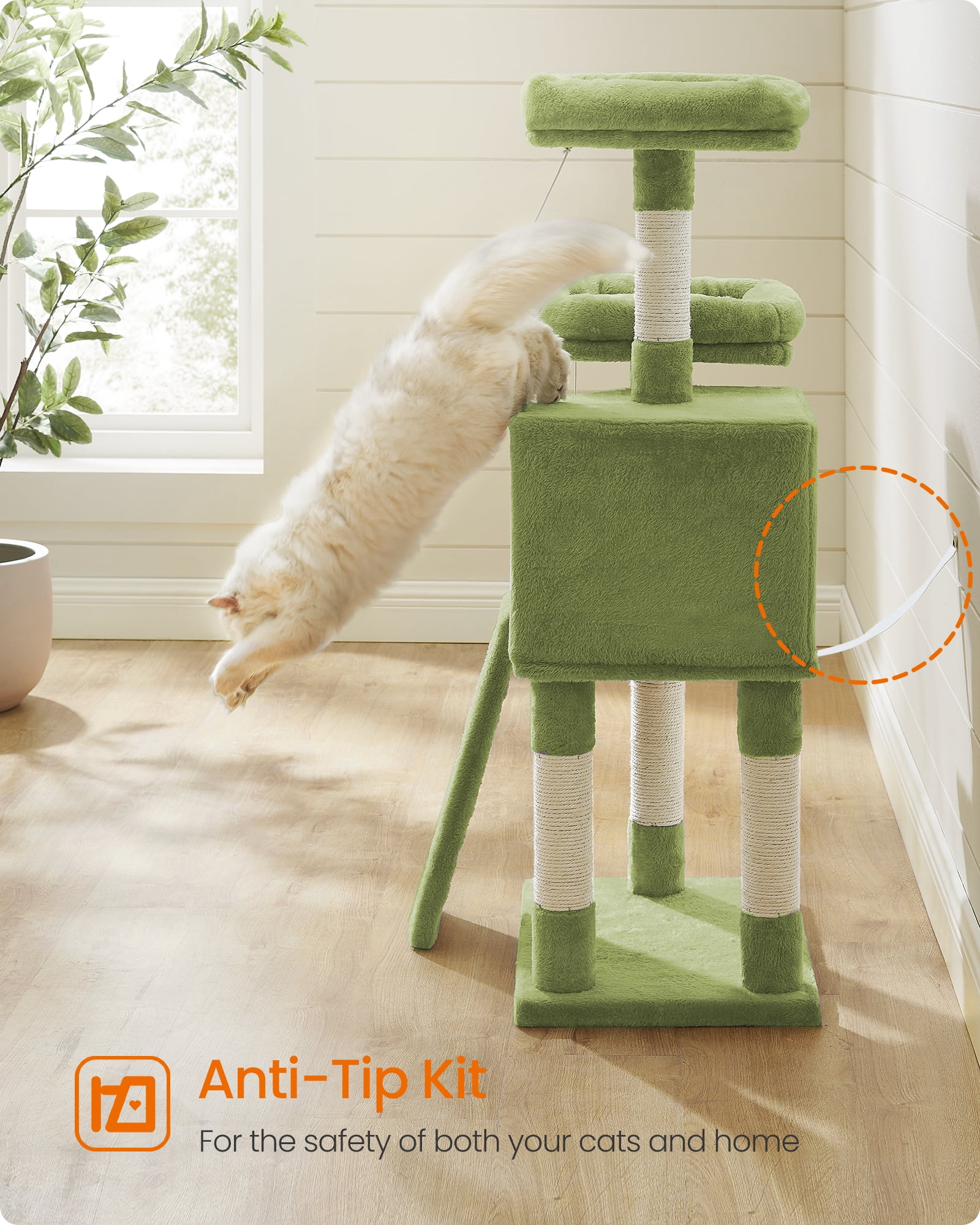 45.3-Inch Cat Tower with Scratching Ramp, Multi-Level Cat Condo with Spacious Cave & 2 Perches, 110 lb Capacity for Adult Cats Kittens, Grass Green