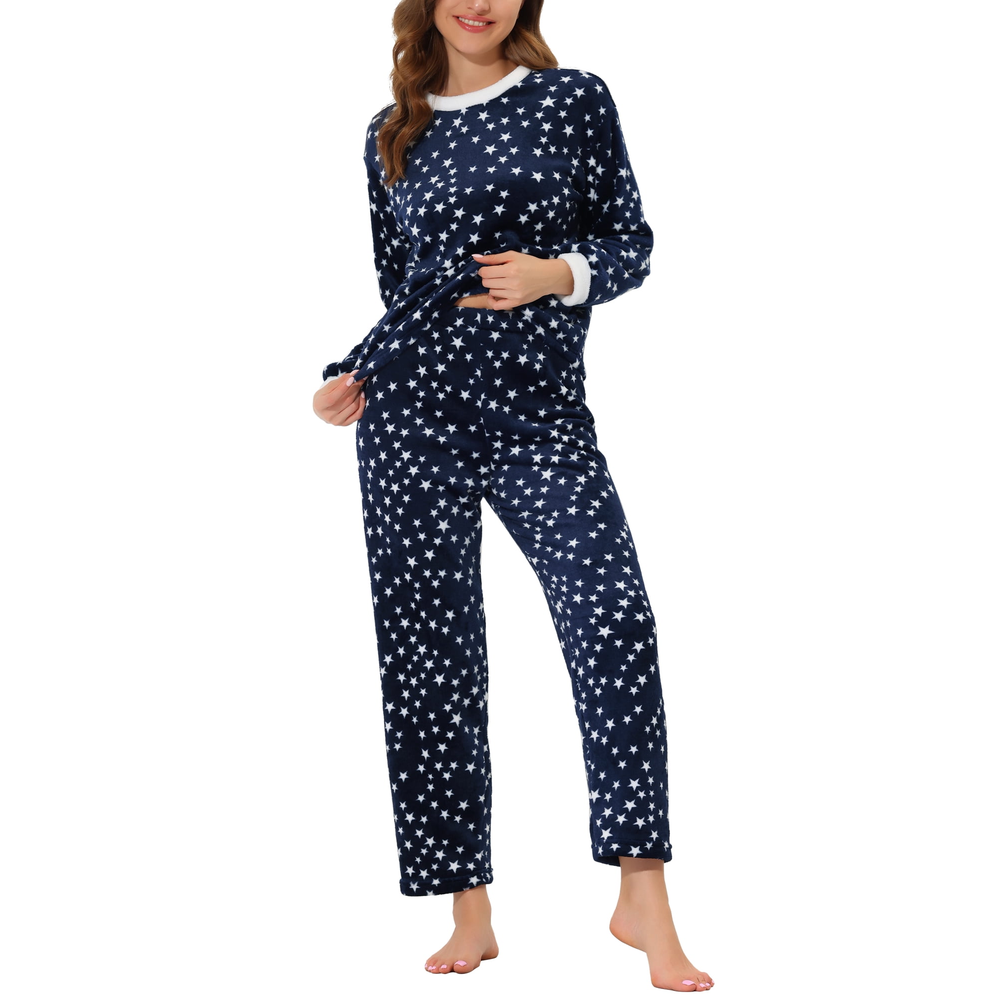 Unique Bargains Women s Sleepwear Lounge Warm Plush Fleece Pajamas Set Blue Xs Blue