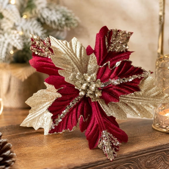 Vbyidbby Poinsettia Christmas Flowers Decorations, Christmas flower Ornaments, Sequin Velvet Christmas Flower Ornaments for Christmas Tree Wreath Mantel Decor