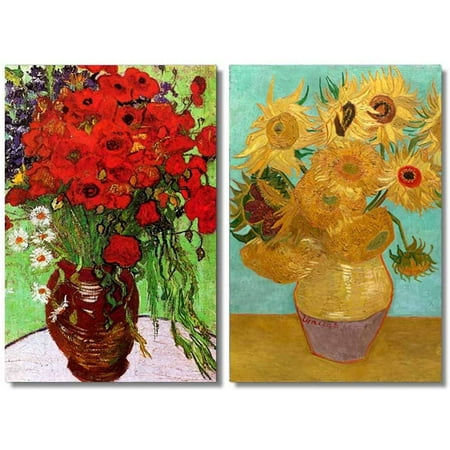 Famous Oil Painting Reproduction Replica Set of 2 Still Life Vase with Twelve Sunflowers Red Poppies and Daisies by Van Gogh ped - Canvas Art Wall Decor - 16