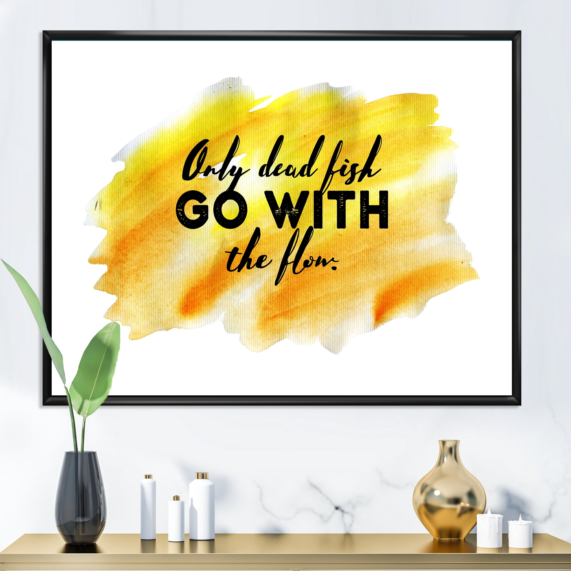 Designart 'Only Dead Fish Go With The Flow On Yellow Strokes' Modern Framed Canvas Wall Art Print