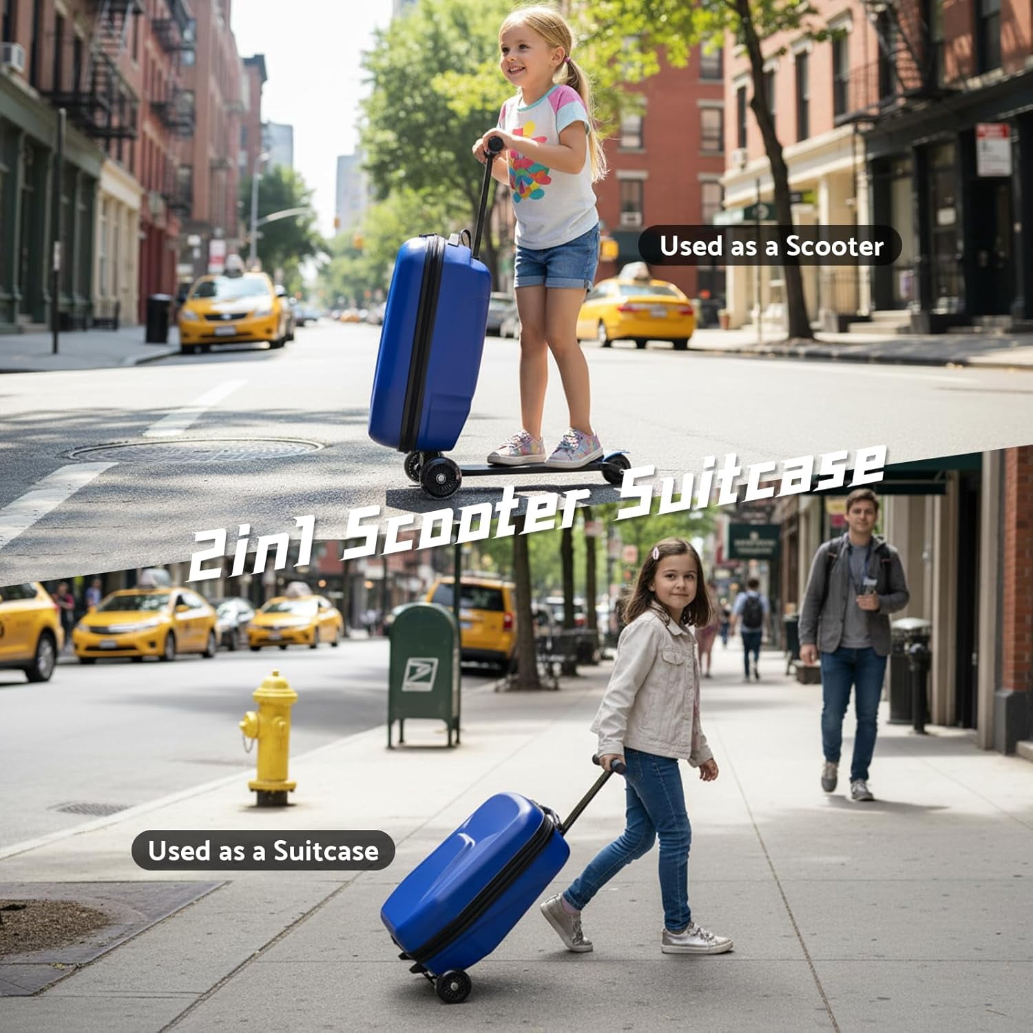 20" Hardshell Scooter Suitcase for Kid & Adult Foldable 2 in 1 Ride on Carry on Travel Trolley Scooter Luggage With Wheels Blue