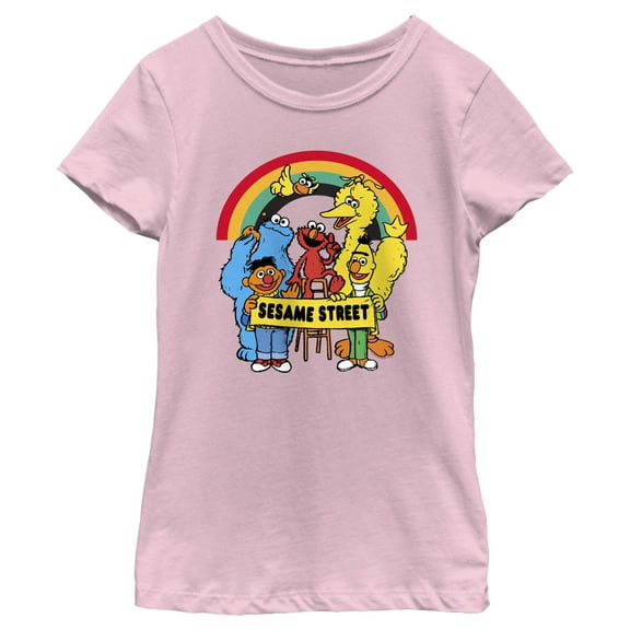 Girl's Sesame Street Crew Rainbow Banner Portrait  Graphic T-Shirt