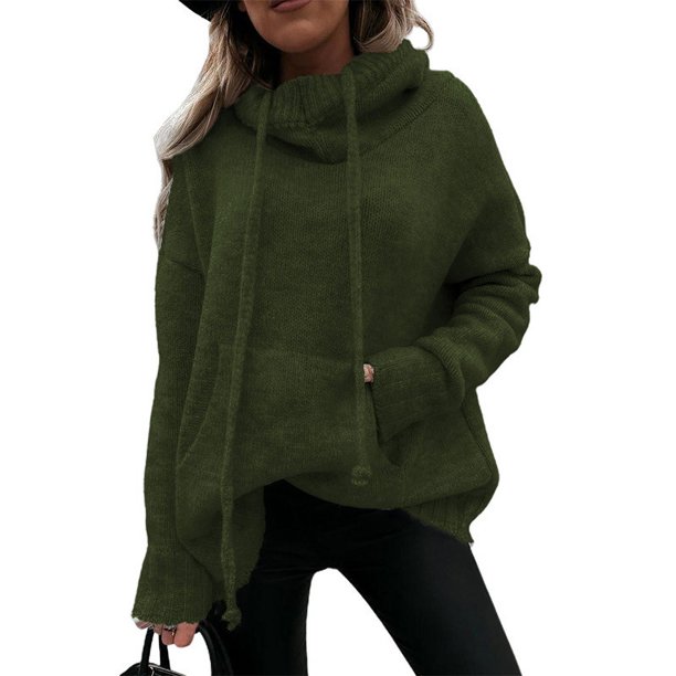 Suéter de punto de cuello alto con bolsillo de canguro de color sólido para mujer, suéter grueso y cálido de invierno