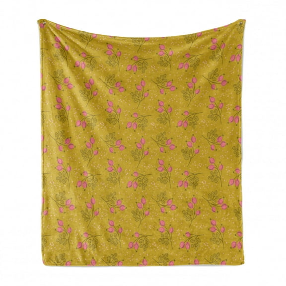 Flower Soft Flannel Fleece Blanket, Rose Buds with Earth Yellow Background Outline Leaves Ornamental Autumn, Cozy Plush for Indoor and Outdoor Use, 60" x 80", Earth Yellow and Pink, by Ambesonne