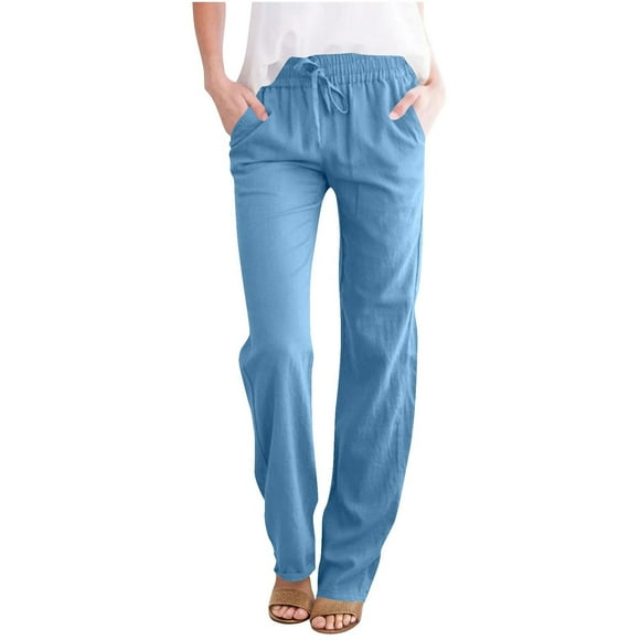 zbxnLI Cotton Linen Pants for Women with Pockets High Waisted Straight Leg Lounge Pants Vacation Trousers