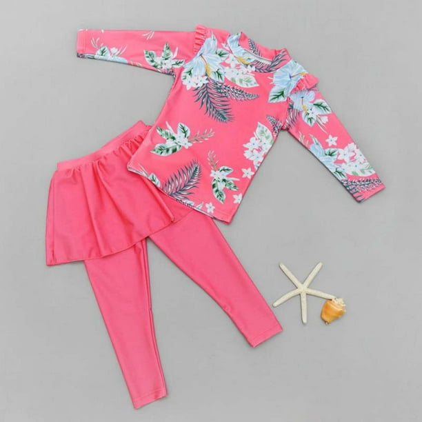 Traje de baño de 2 piezas para mujer, traje de baño para niñas, traje de baño infantil estampado de manga larga, traje de baño estilo falda, pantalones largos, conjunto dividido para surf, traje de ba