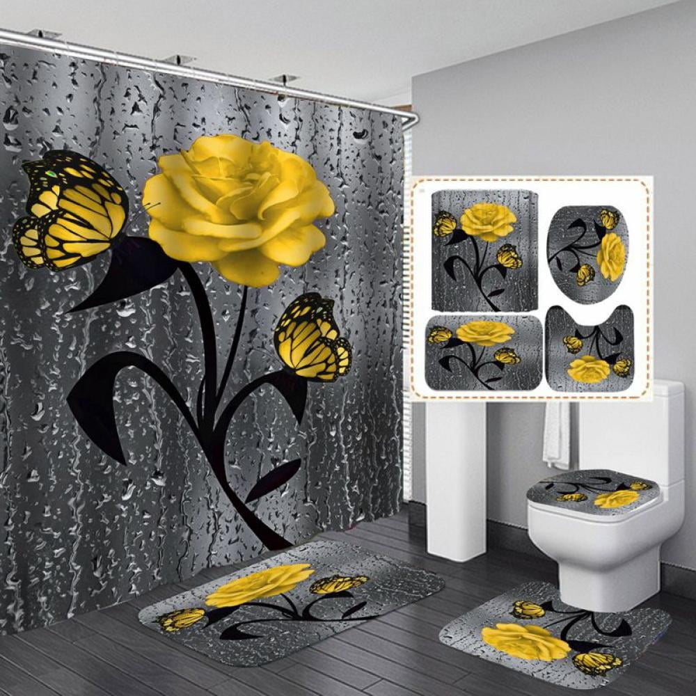 4PCS Shower Curtain Set 3D Raindrop Rose Flower Floor Rug + Lid Toilet Cover +Non-Slip Bath Mat Doormat Waterproof Shower Curtain with 12 Hooks Bathroom Set for Home Kitchen Decor, Yellow