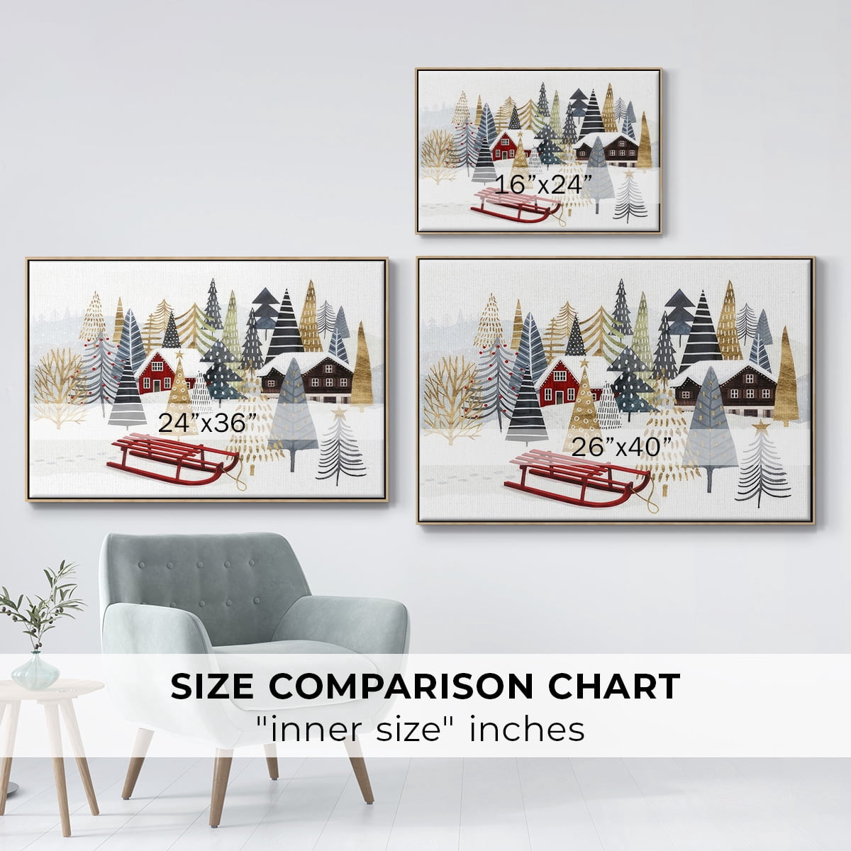Christmas Chalet Collection A - Framed Gallery Wrapped Holiday Canvas - 25 x 37 - Natural Wood Frame