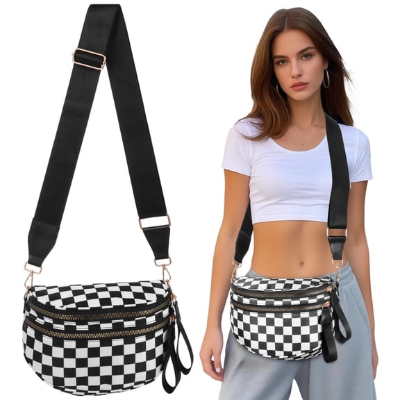 Black and White Checkered Crossbody Bag, Travel Bum Bag with Multiple Zipper Pockets, Nylon Sling Fanny Pack with Adjustable Strap, Lightweight Casual Shoulder Purse for Women Everyday Use