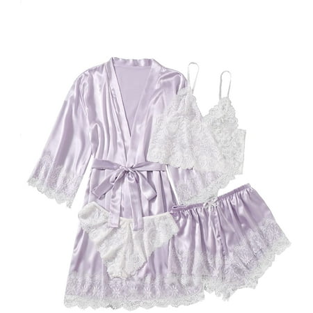 

ZWUYIYHJ Women s Satin Pajama Set 4pcs Floral Lace Trim Cami Lingerie Sleepwear with Robe