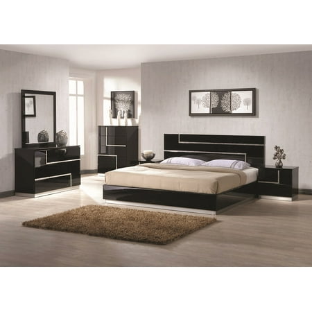 Barcelona Bedroom 4pcs Set Black Lacquer Flat Silver Base Lining W Rhinestone Queen Size Bed Dresser Mirror Nightstand