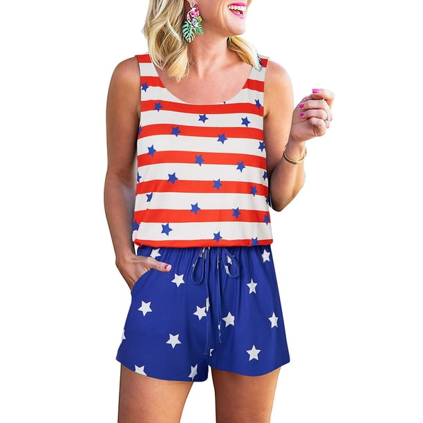 VISgogo Mono corto para mujer, sin mangas, cuello redondo, estampado de rayas y estrellas, con cordones, mono del día de la independencia VISgogo moda