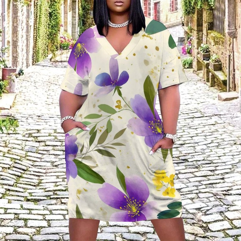 casual purple floral dress Lilac Purple Floral Cute Cotton Mini Summer Dress Lilac Floral / Large