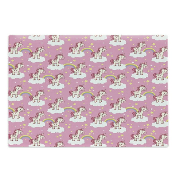 Cartoon Cutting Board, Unicorns Standing Clouds Rainbows and Stars on a Pink Skyline Print, Decorative Tempered Glass Cutting and Serving Board, Large Size, Pink Yellow White, by Ambesonne
