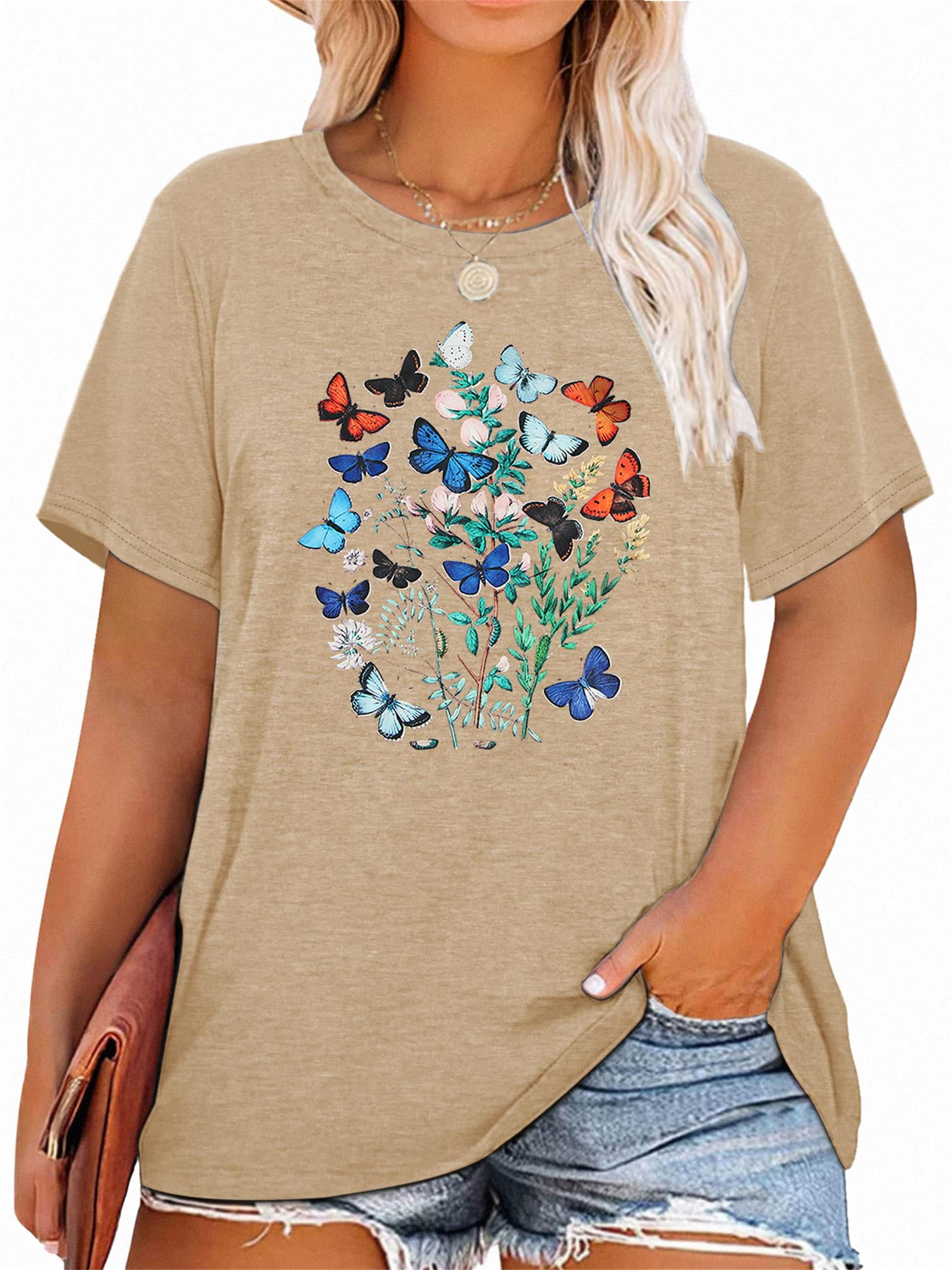 Anbech Plus Size Butterfly Women Shirt Graphic Flower T-Shirts Casual ...