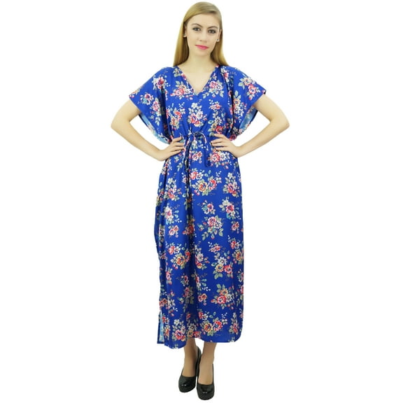 Bimba Women's Long Satin Maxi Drawstring Floral Kaftan Kimono Blue Gown - 4