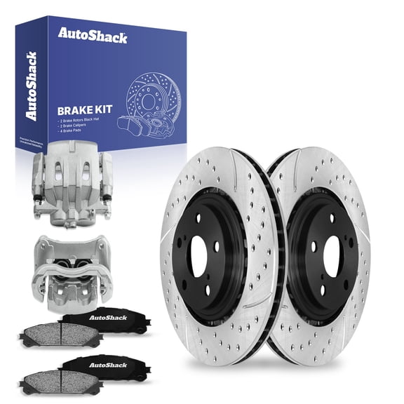 AutoShack Front Drilled & Slotted Brake Rotors Ceramic Brake Pads Calipers | Replacement for Lexus RX350 2010-2019 Toyota Highlander 2011-2020 Sienna V6 | E-Coated | 8-PC Brake Kit | ShadowGuard