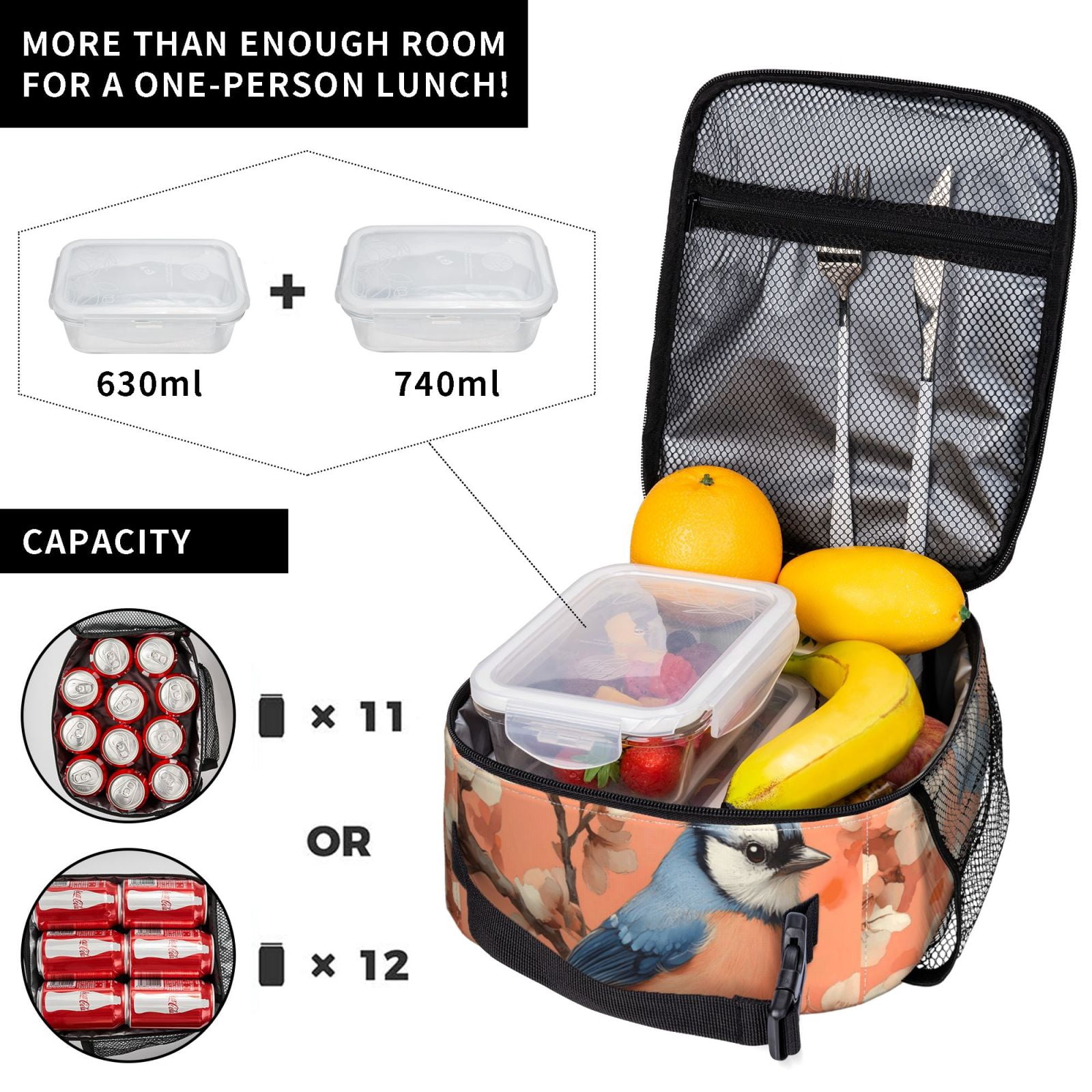 Lunch Bag For Women Men Insulated Portable Lunch Box Bento Box Office Picnic Travel Cooler Bag The Birds Are Perched On The Flower Branches