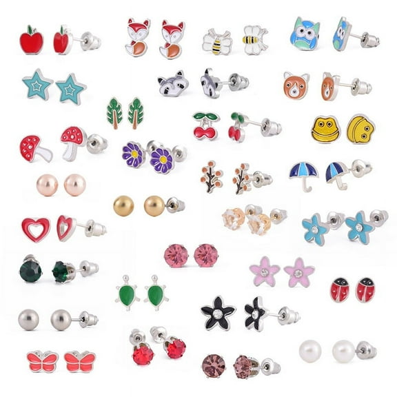 30 Pairs Stainless Steel Stud Earrings for Women Assorted Cute Animal Flower Mixed Color Earrings Pack