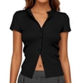 thumbnail image 1 of Women's Button-Up Ribbed Short Sleeve Cardigan - Pure Color, Soft Stretchy Fabric, Versatile for Casual Wear, S/M/L Sizes, 1 of 3