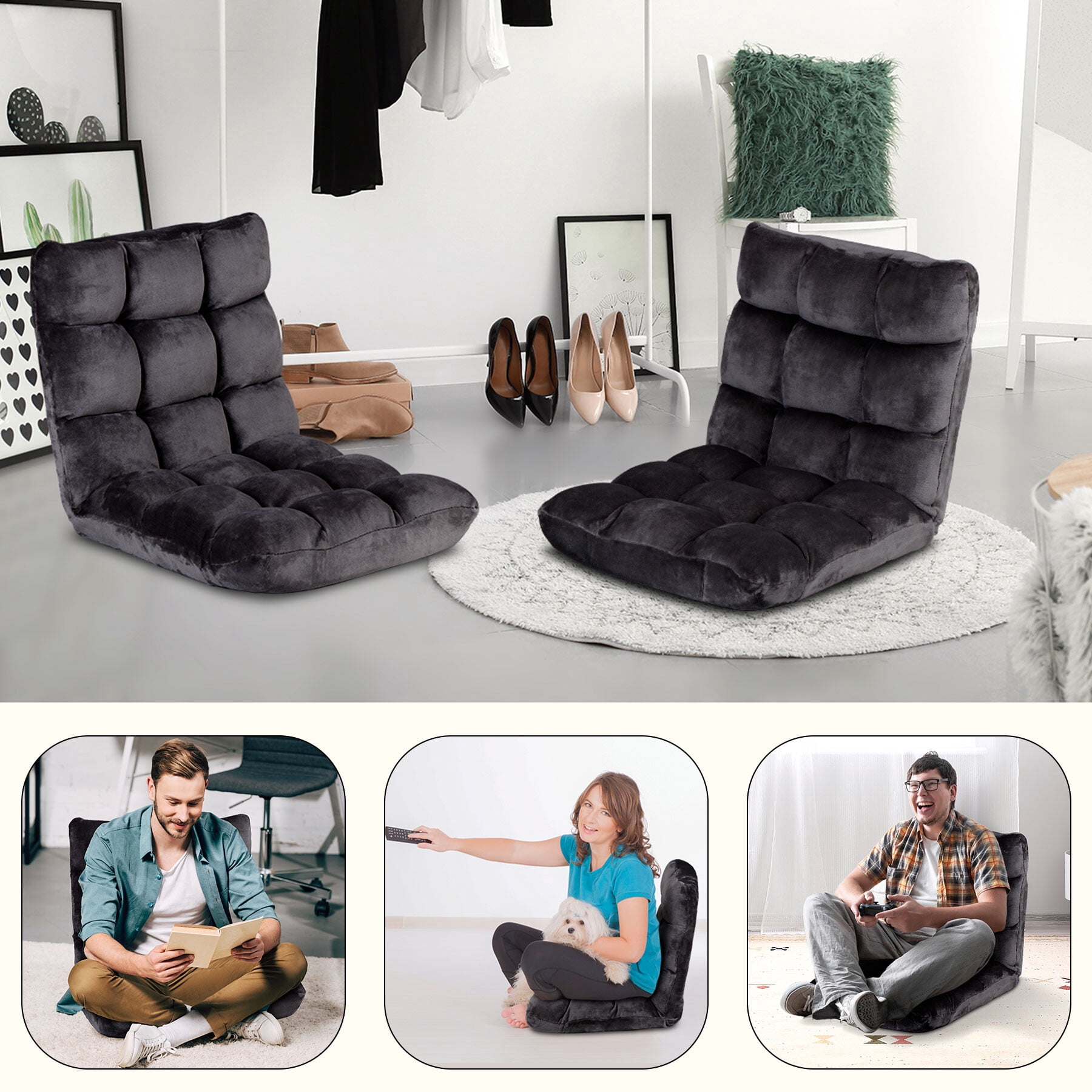 ZENY 14 Levels Adjustable Floor Folding Chair Lazy Sofa Cushion Gaming Chair Recliner - Black