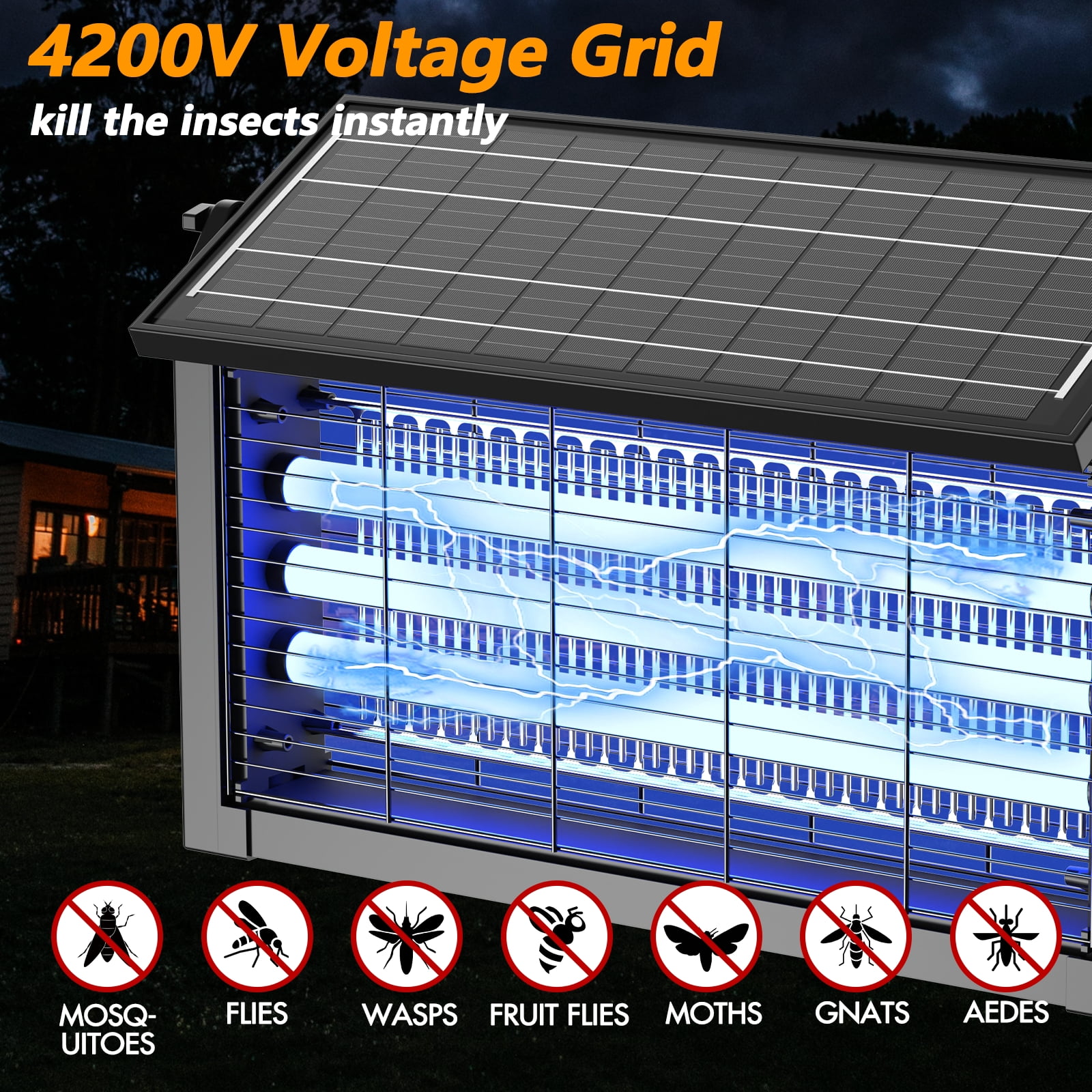 Solar-Powered Bug Zapper, 4200V Electric Insect Trap with 395nm Light Tube, 3000mAh Battery, IPX67 Waterproof, for Patio, Garden, Backyard and Indoor Use (50*24.5CM)