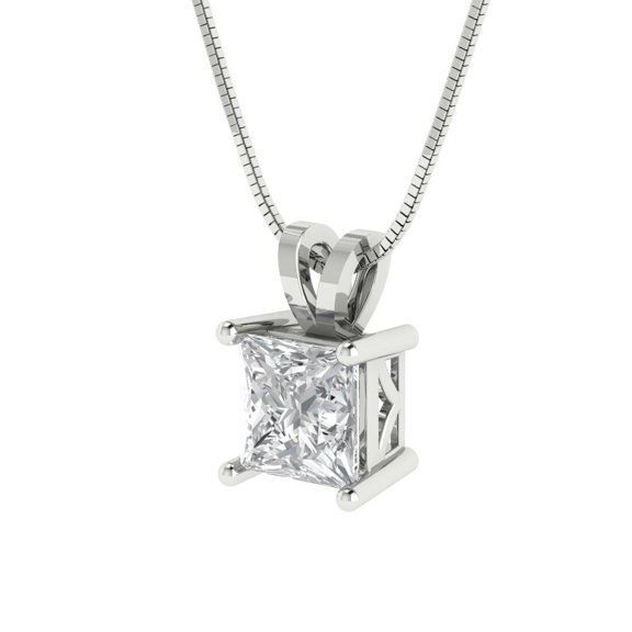 1.5 ct Brilliant Princess Cut Solitaire Zircon 14k White Solid Gold Everyday Affordable Designer Necklace Pendant with 18" Chain