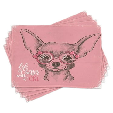 Ambesonne Dog Place Mats Set of 4, Girl Chihuahua Sketch Words, Standard Size, Pale Pink Army Green