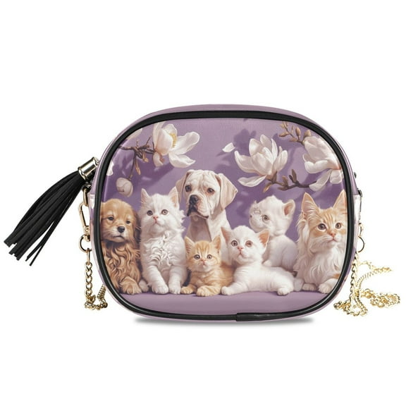 Womens Casual Chain Shoulder Bag Simple style Cats and Dogs Among Flowers Crossbody Bag
