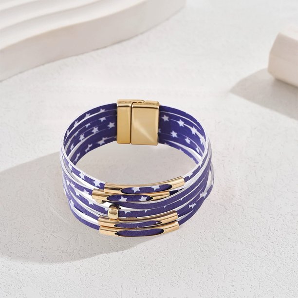 Decoraciones para el Día de los Caídos, decoraciones para el 4 de julio, pulsera de cuero con cierre magnético y bandera del Día de la Independencia, pulsera de cuero con cuentas, pulsera de tubo de l