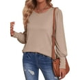 thumbnail image 3 of HUBERY Women Button Cuff Ruffled Long Sleeve Crew Neck Solid Color Shirt, 3 of 7