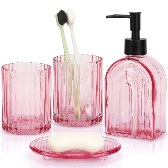 4-Piece Glass Bathroom Accessories Set – Includes Soap Dispenser, Tumbler, Toothbrush Holder & Soap Dish for Countertop,Pink