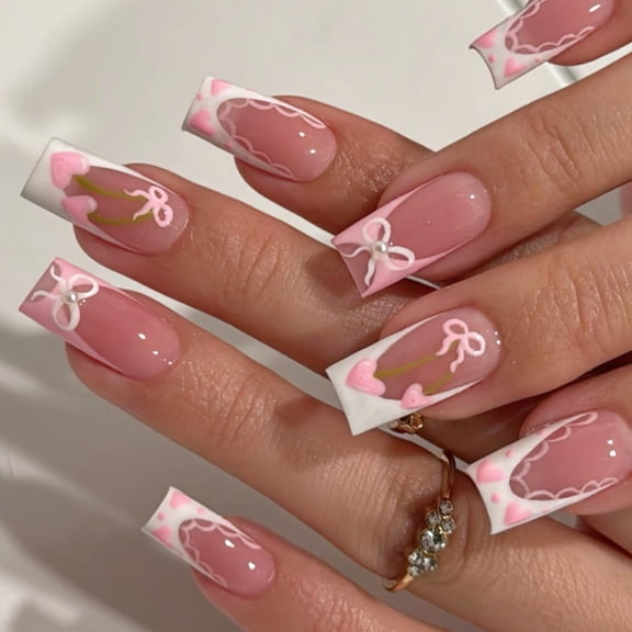 Tarmeek Sweet French White Medium Length Press on Nails Reusable False Nails with Adhesive Included Full Cover Acrylic Fake Nails for Women Manicure Set