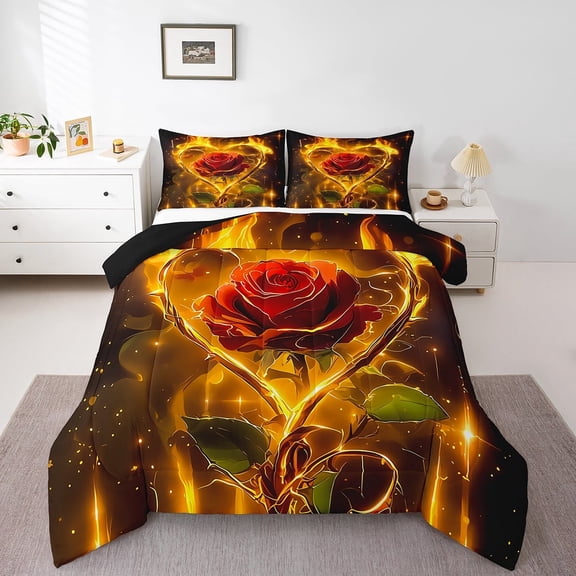 Erosebridal Rose Comforter Set Queen Size Floral with Fire Bedding Set Romantic Modern Art Comforter Adult Duvet Set,1 Comforter  2 Pillow Shams