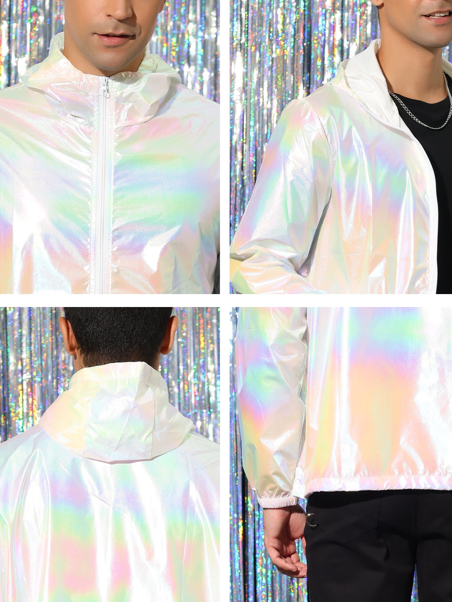 INSPIRE CHIC Edition Men's Jacket Metallic Zip up Hooded Lightweight Holographic Shiny Jackets L White